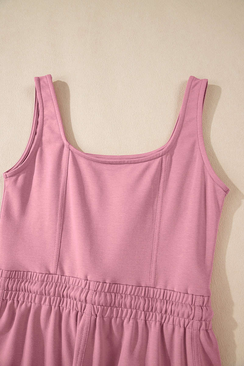 Light Pink Lace-up Elastic Waist Sleeveless Square Neck Jumpsuit