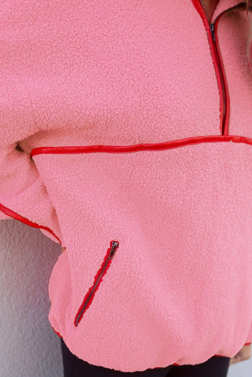 Strawberry Pink Sherpa Contrast Faux Leather Trim Half Zip Pocketed Pullover Sweatshirt
