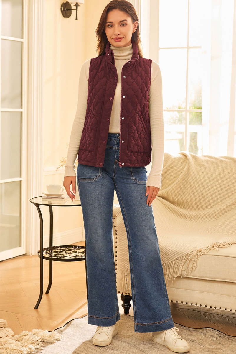 Wild Ginger Flower Shape Quilted Snap Button Zip Up Winter Vest