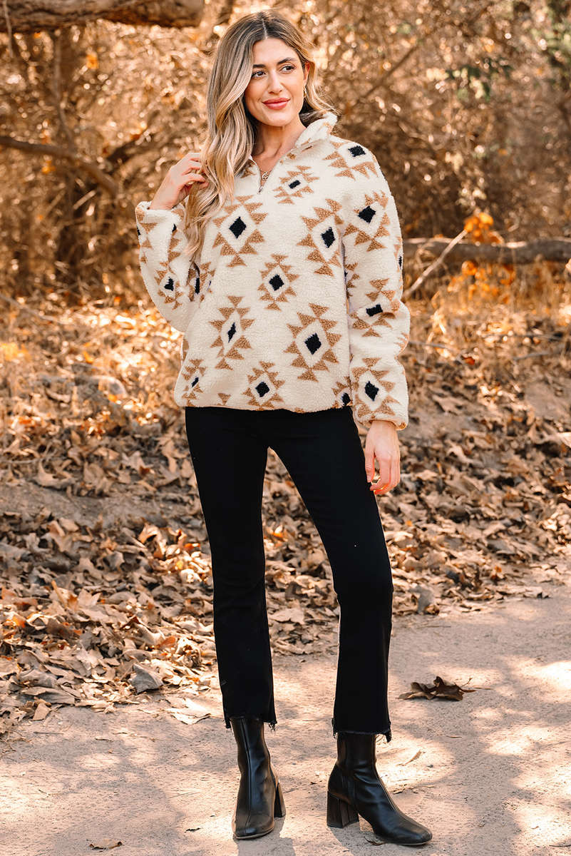 Khaki Aztec Print Sherpa Quarter Zip Collar Sweatshirt