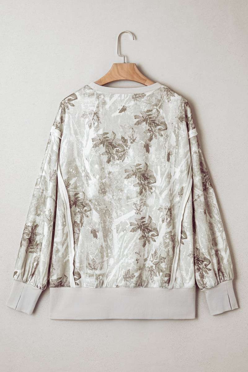 Gray Leafy Camo Print Exposed Seam Patchwork Baggy Slit Sweatshirt