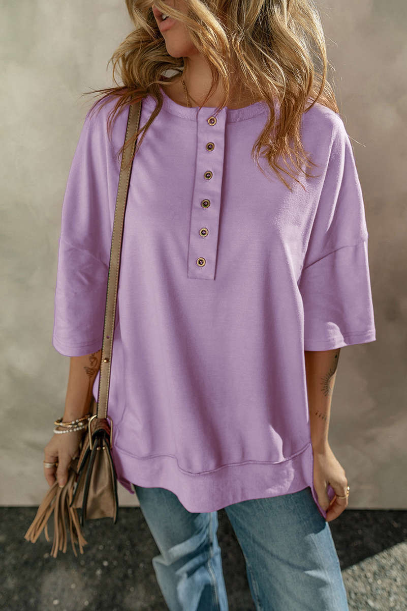 Orchid Petal Exposed Seam Button Neck Wide Sleeve Tunic Top