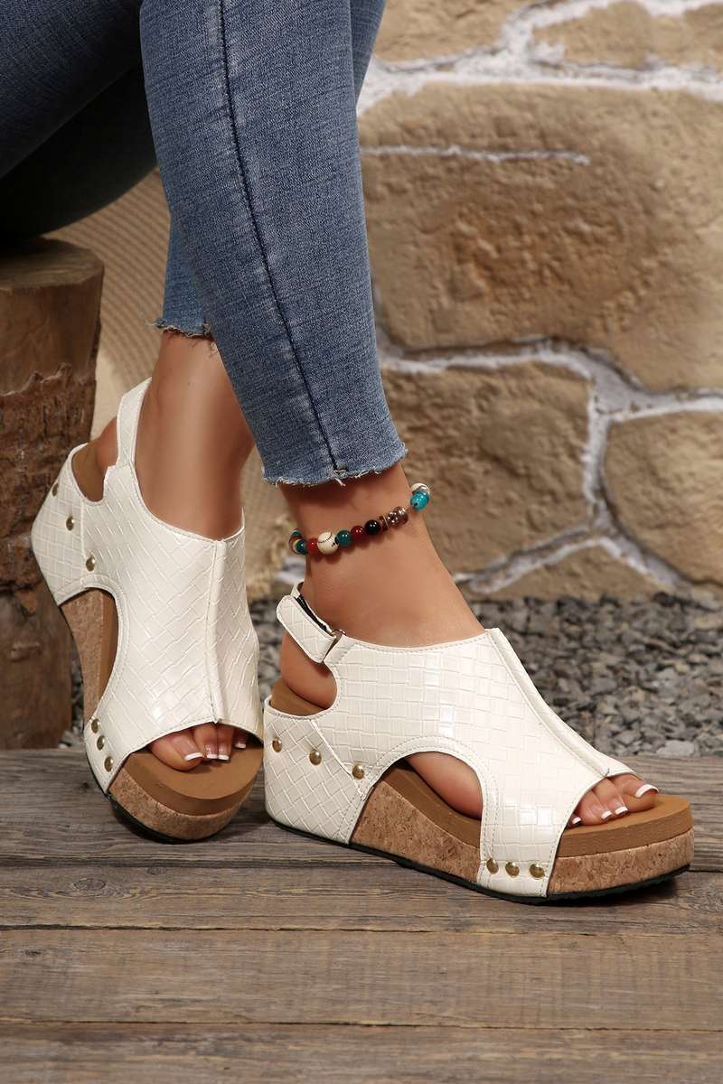 White Retro PU Leather Quilted Texture Studded Platform Sandals