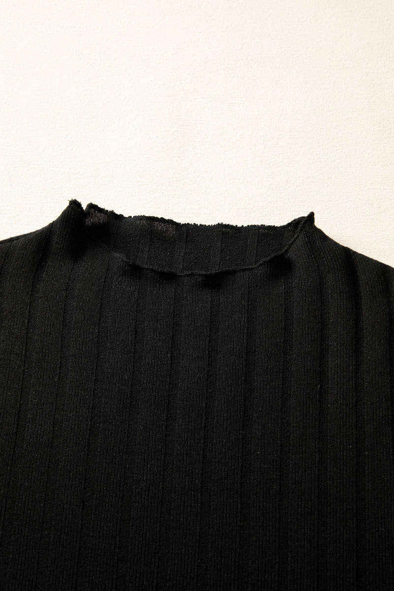 Black Frilled Neck Ribbed Knit Patchwork Long Sleeve Mini Dress
