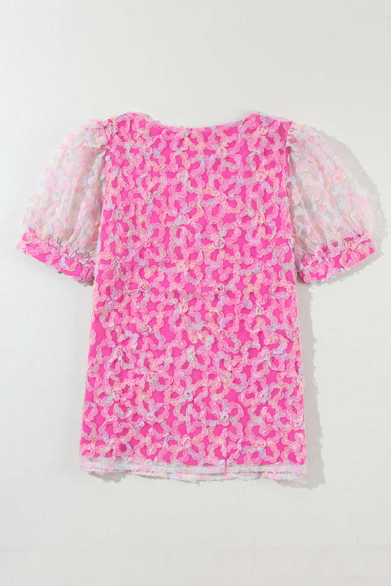 Bonbon Flowery Mesh Short Puff Sleeve Blouse