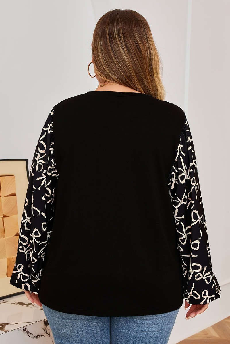 Black Bow Knot Patchwork Crewneck Plus Size Blouse