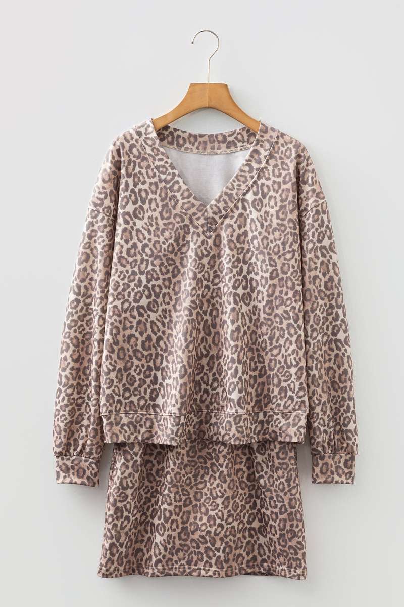 Light French Beige Leopard Print V Neck Pullover Mini Skirt 2pcs Set