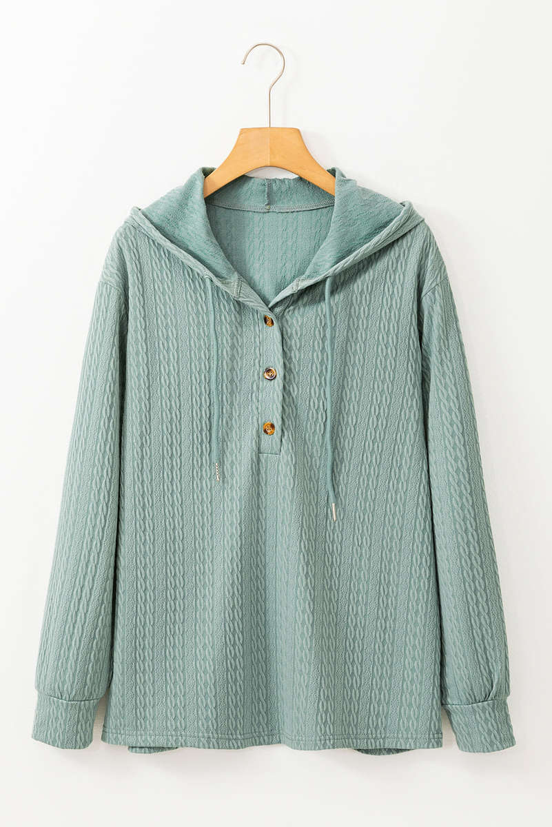 Mint Green Button Front Textured Drawstring Hooded Long Sleeve Top