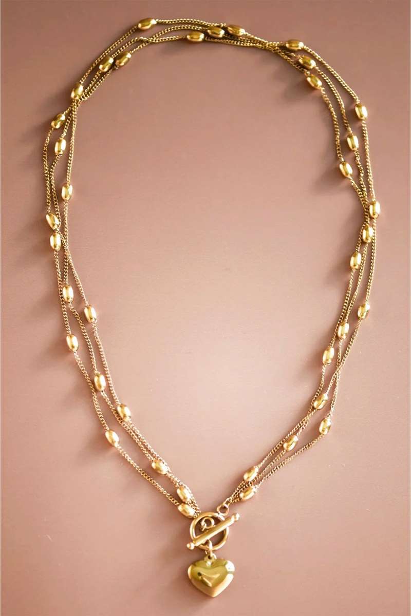 Gold Heart Toggle Charm Beaded Chain Triple Layered Necklace