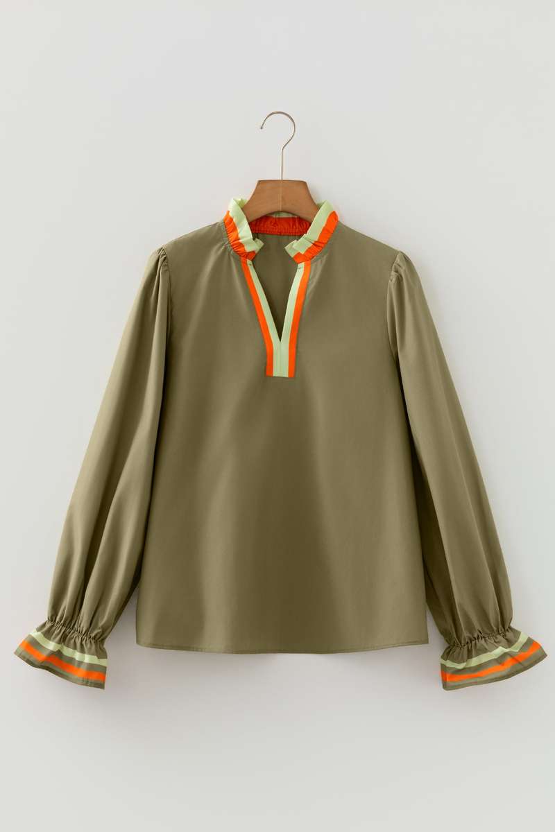 Four Leaf Clover Striped Trim Ruffle Split Neck Long Sleeve Blouse