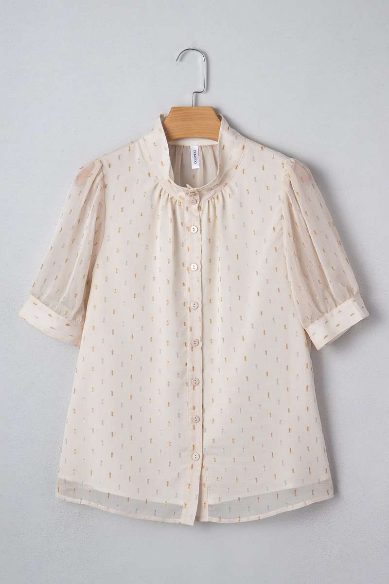 Beige Metallic Jacquard Short Sleeve Shirt