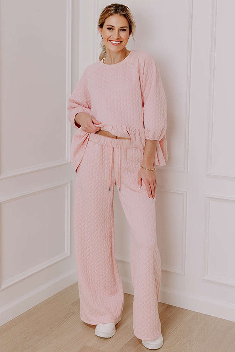 Delicacy Braided Texture Ruffle Hem Top Drawstring Loose Pants Set