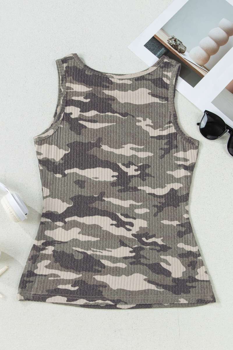 Green Camouflage Print Ribbed Knit Round Neck Tank Top