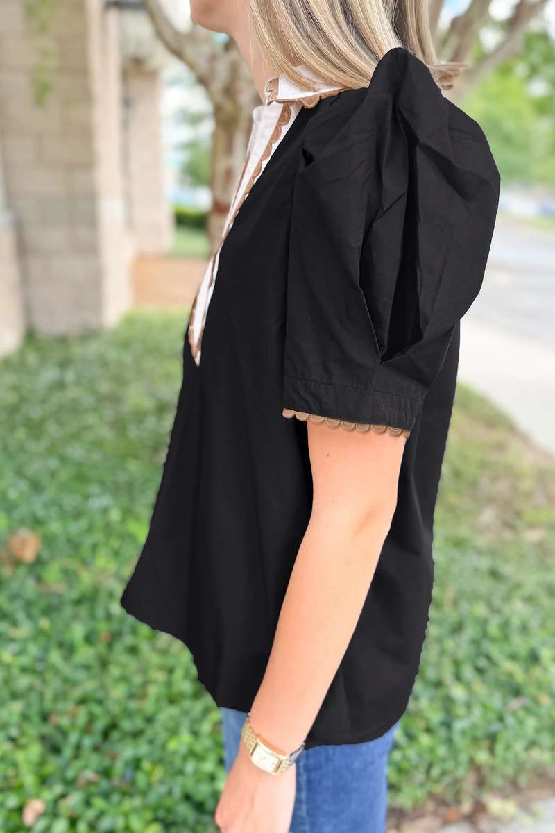 Black Ricrac Trim Color Block Patchwork Shirt Collar Short Sleeve Blouse