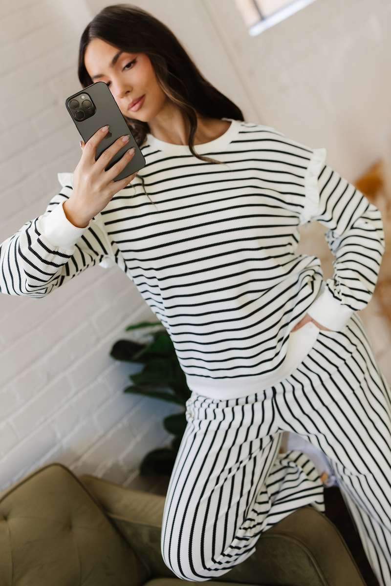 White Stripe Ruffle Trim Drop Shoulder Top Drawstring Loose Pant Set
