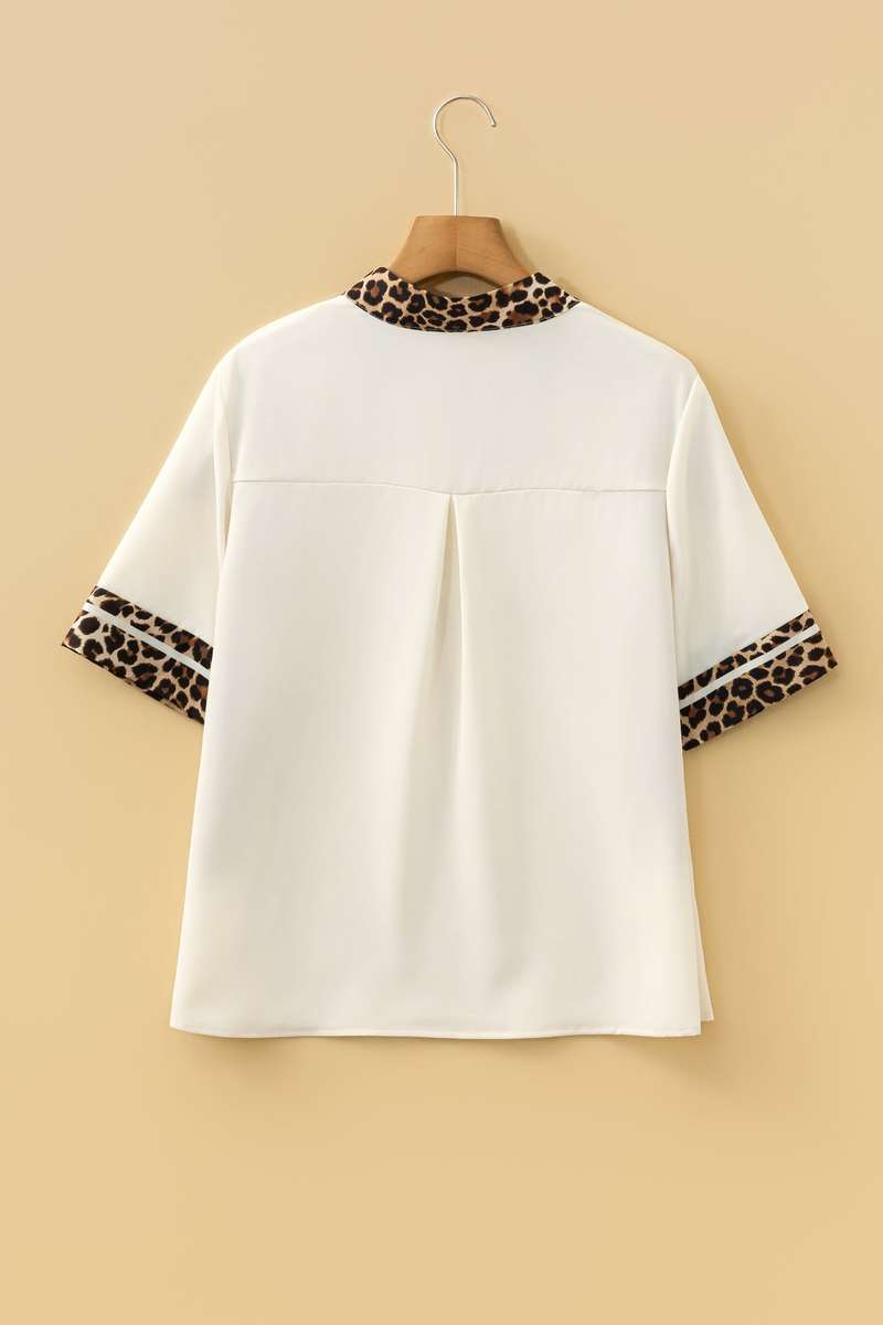 Jet Stream Leopard Patchwork Trim Split Neck Short Sleeve Blouse