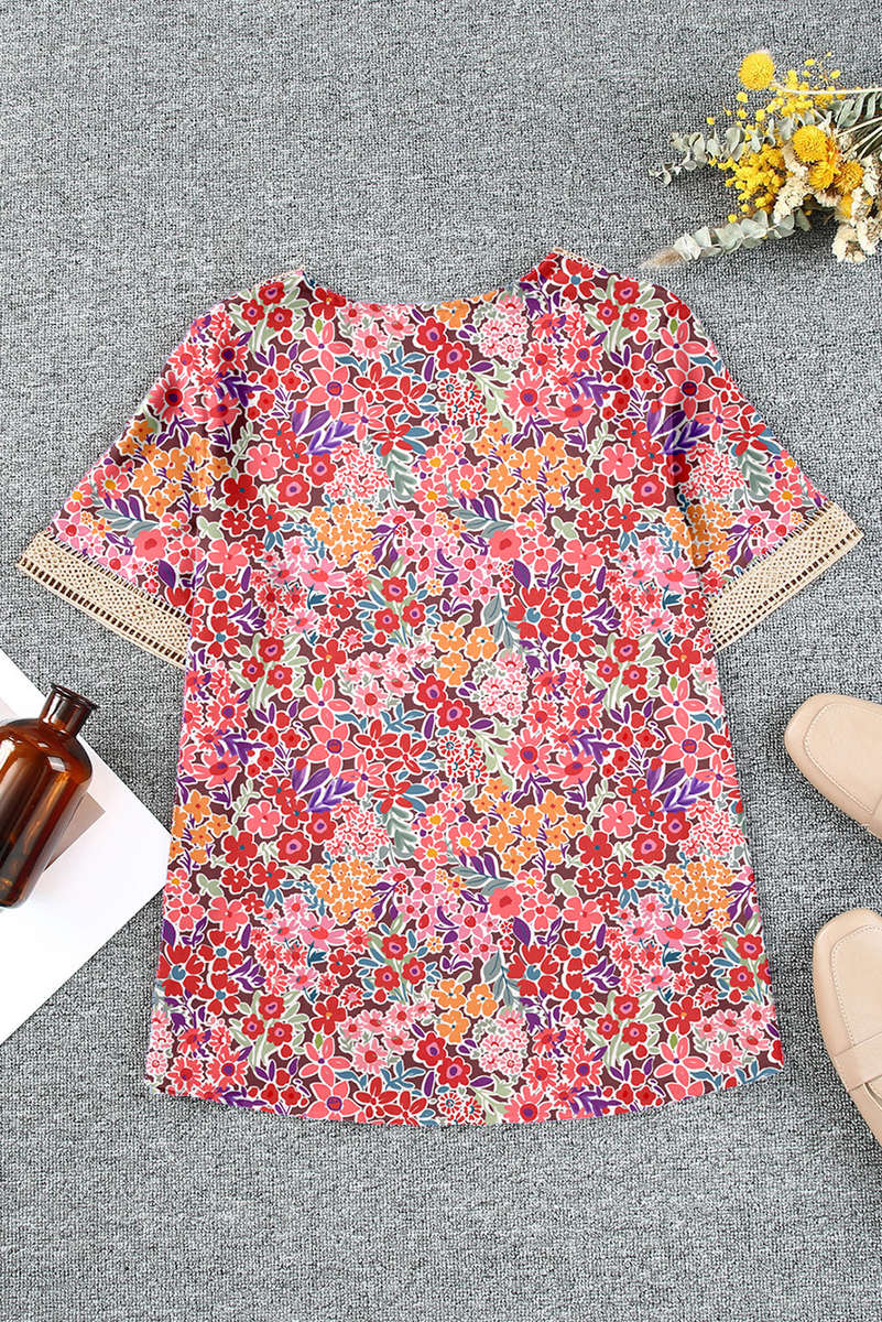 Multicolor Lace Trim V Neck Short Sleeve Blouse