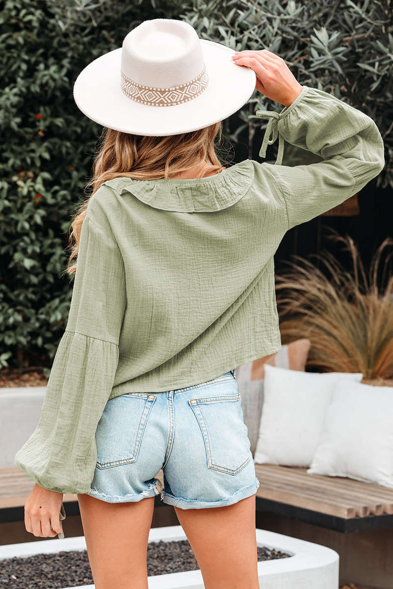 Meadow Mist Green Bow Tie Front Ruffle Trim V Neck Long Sleeve Gauze Blouse