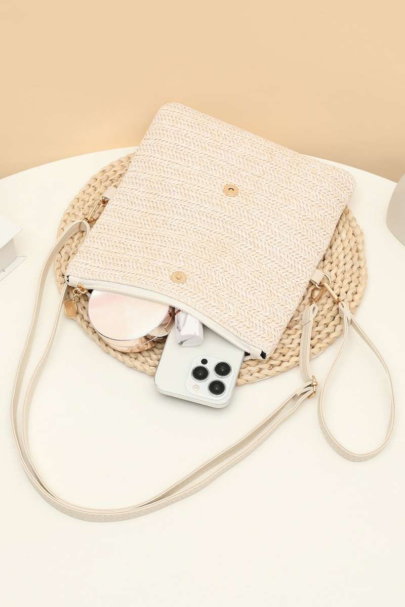 White Daisy Flower Straw Woven Zip Folded Magnetic Button Shoulder Bag