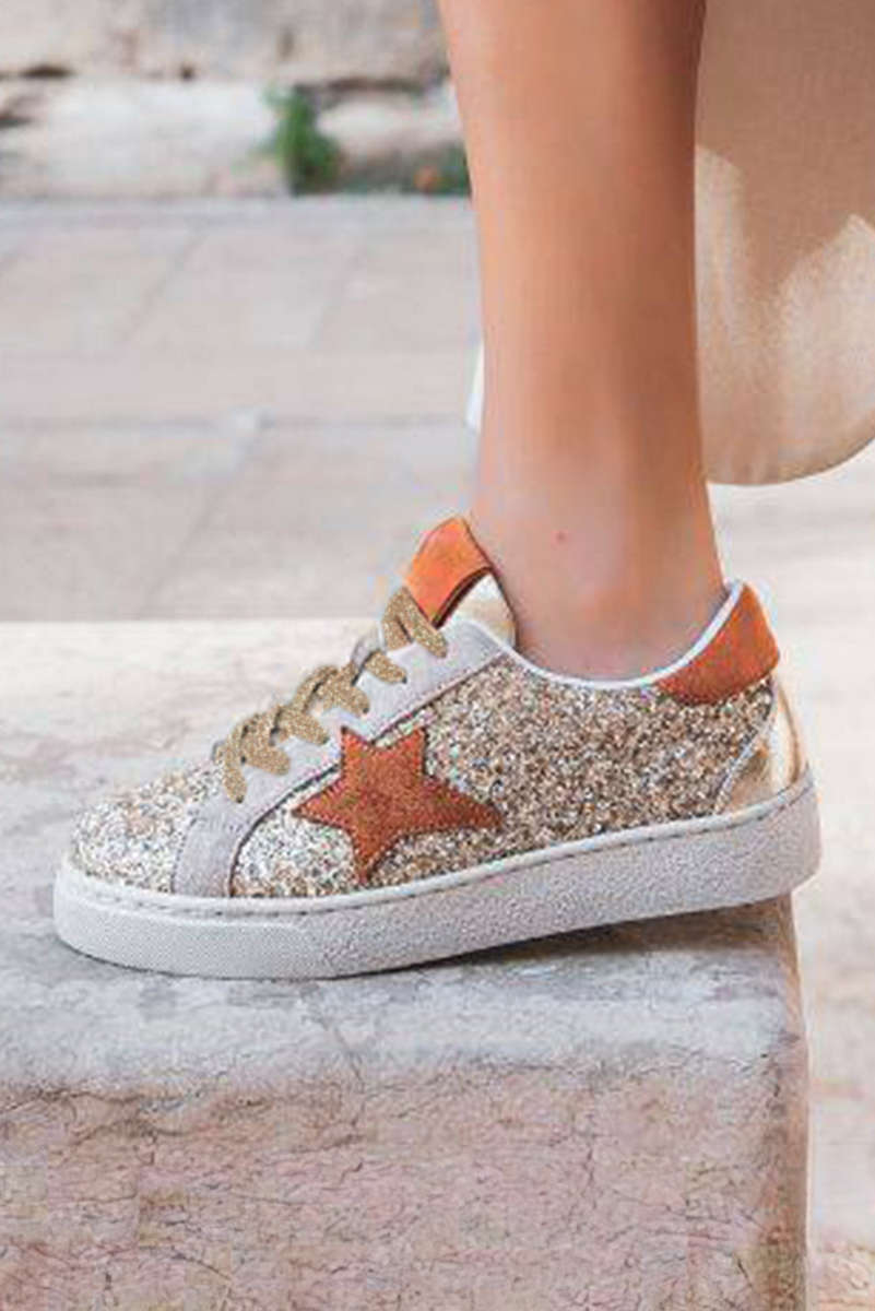 Gold Star Patchwork Sequined Lace-up Sneakers
