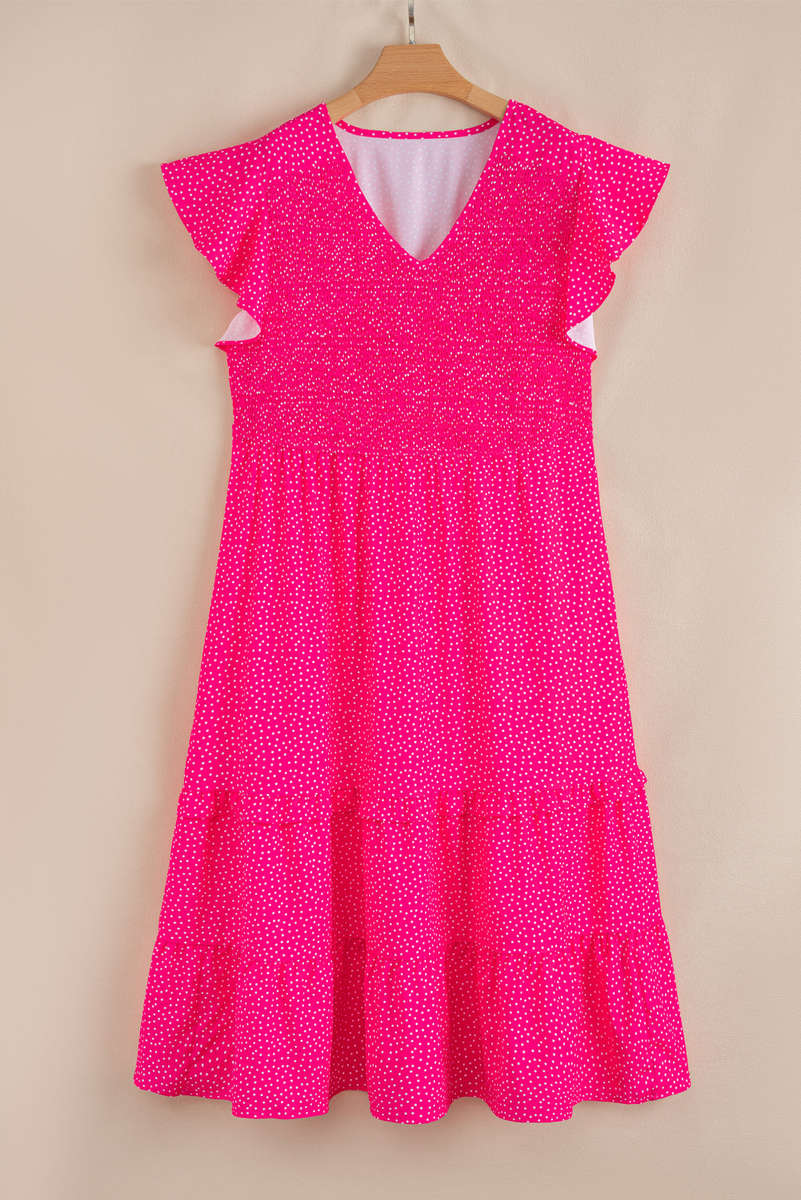 Rose Polka Dot Print Ruffled Smocked High Waist Plus Midi Dress