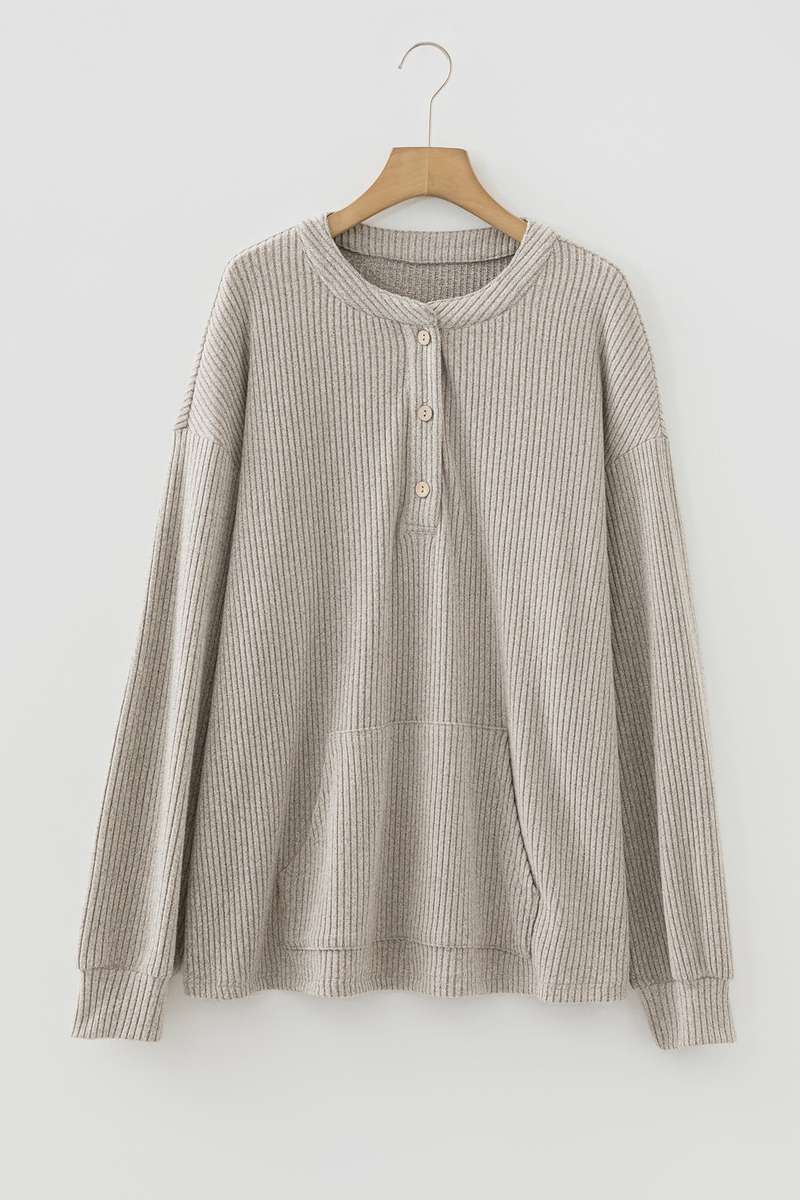 Simply Taupe Plus Size Ribbed Knit Kangaroo Pocket Henley Long Sleeve Top