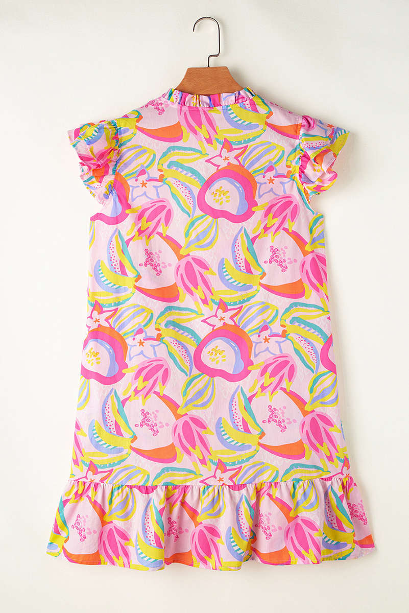 Pink Abstract Floral Ruffle Trim Flutter Sleeve Buttoned Dress