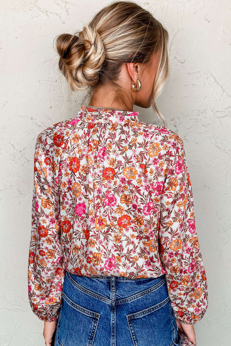 Pink Floral Print Tie Split Neck Bracelet Sleeve Blouse