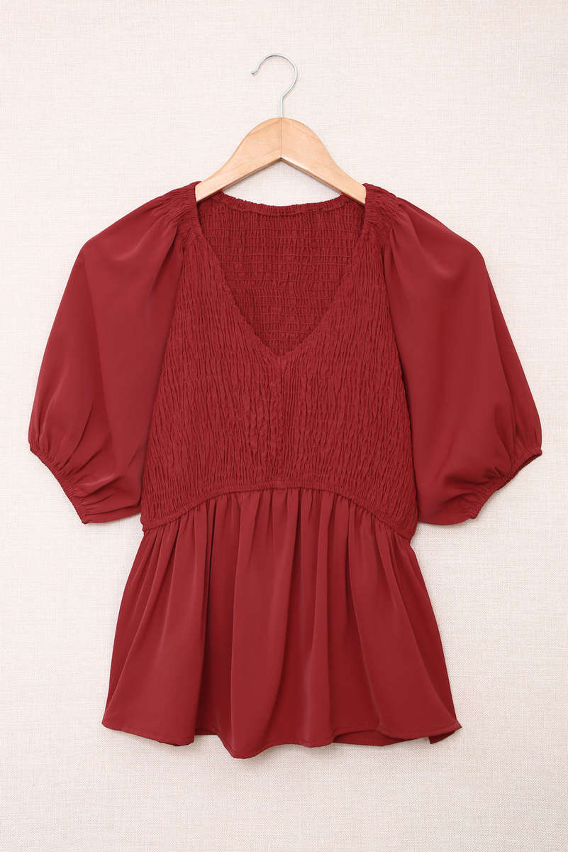 Fiery Red Puff Sleeve Smocked Top