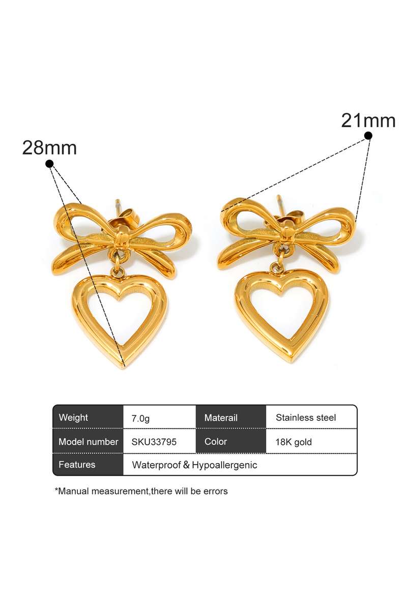 Gold Plated Hollowed Heart Bow Studded Earrings