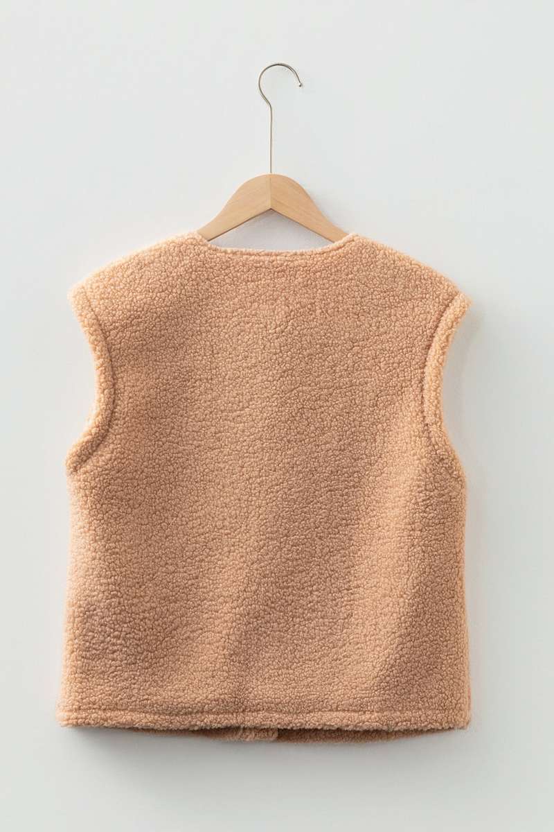 Light French Beige Big Button Accent Fuzzy Pocket Vest