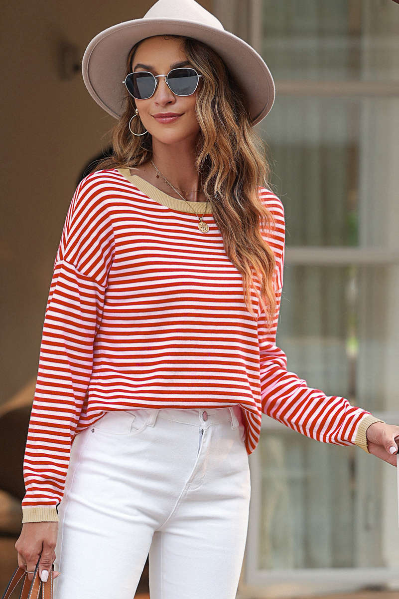 Fiery Red Striped Contrast Trimmed Drop Shoulder Sweater