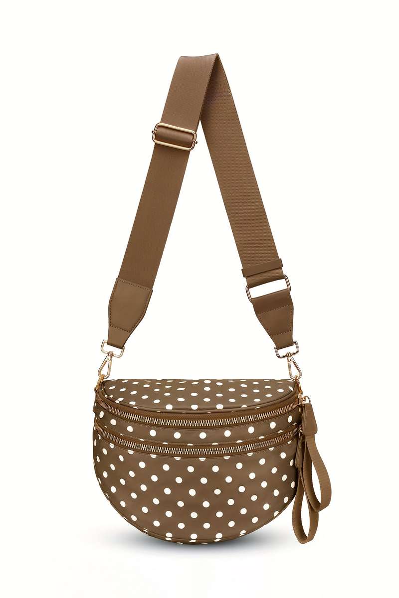 Camel Polka Dot Print Gold Chain Strap Double Zipper Crossbody Bag