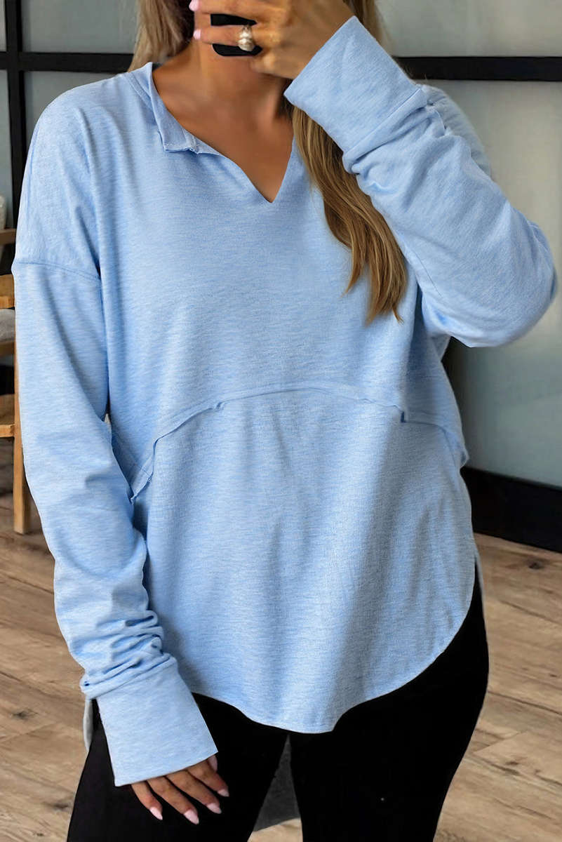 Myosotis Notched Neck Terry Raw Hem Long Sleeve Top