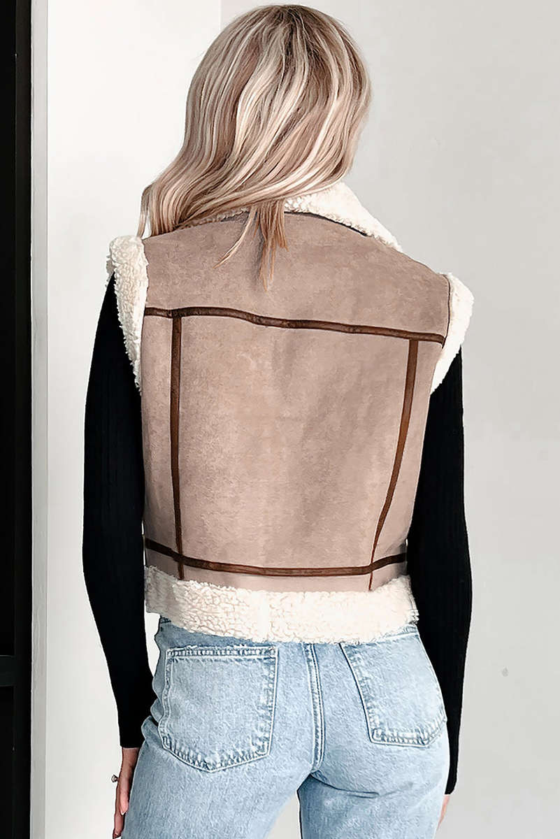 Dark Khaki Sherpa Lined Faux Suede Lapel Collar Vest