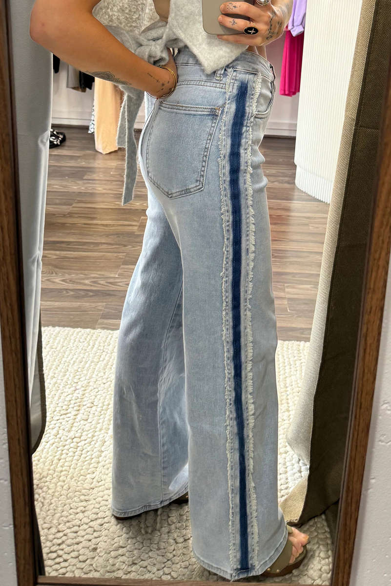Beau Blue Contrast Stripe Frayed Side Panel Patchwork Shift Jeans