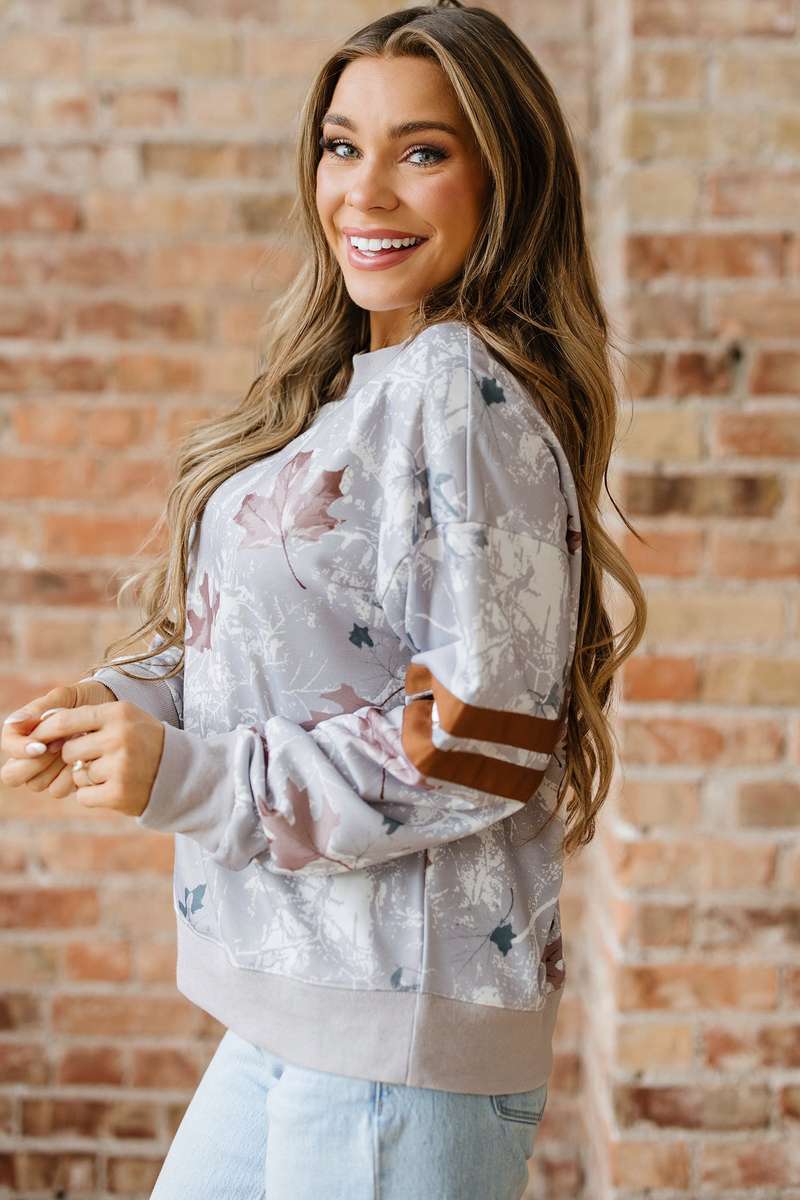 Gray Maple Leaf Camo Print Varsity Striped Sleeve Casual Sweatshirt
