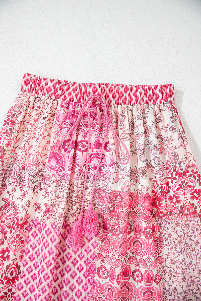 Red Boho Pattern Print Tassel Drawstring Elastic Waistband Maxi Skirt