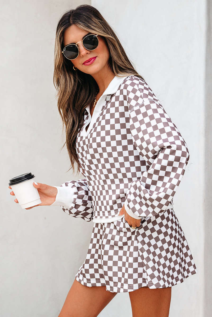 Khaki Checkered Print Polo Collar Cropped Long Sleeve Top Drawstring Mini Skirt Set
