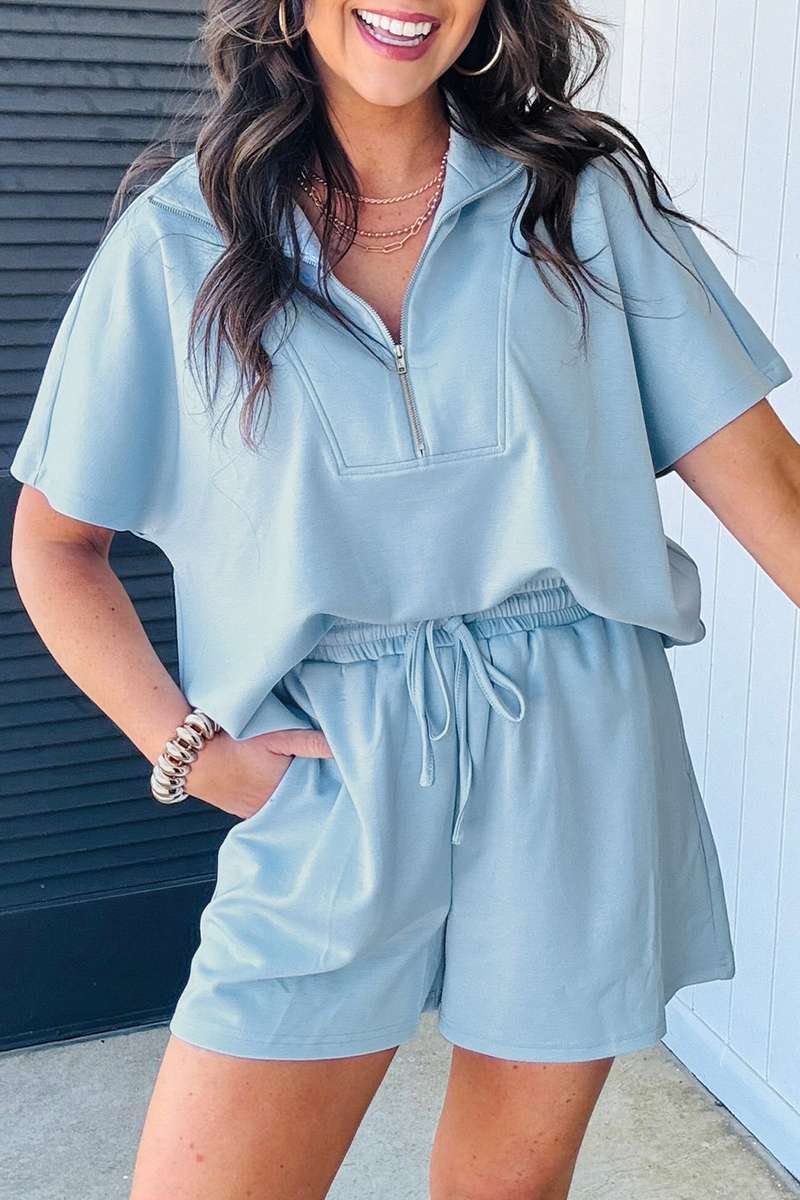 Beau Blue Solid Color Half Zip Loose Short Sleeve Sweatshirt 2pcs Set