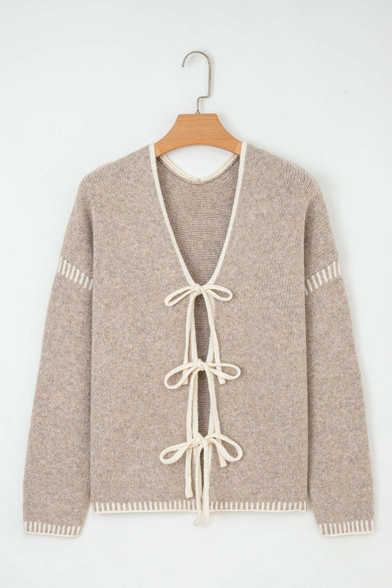 Pale Khaki Tied Front Drop Shoulder Chunky Casual Cardigan