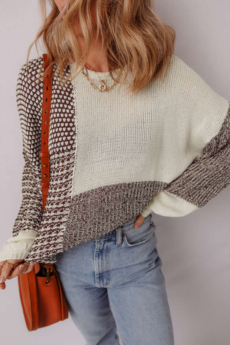 Dark Khaki Color Block Back Tie Drop Shoulder Loose Sweater