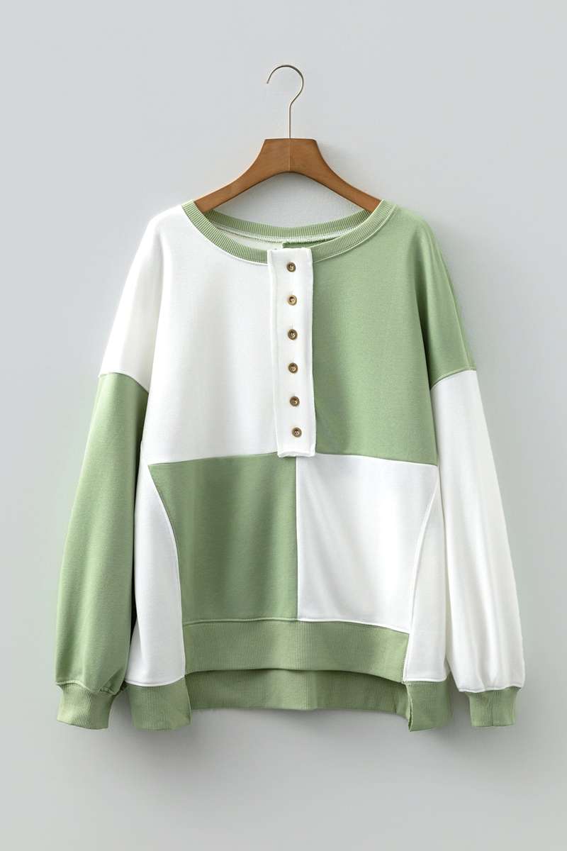 Grass Green Colorblock Henley High Low Oversize Sweatshirt