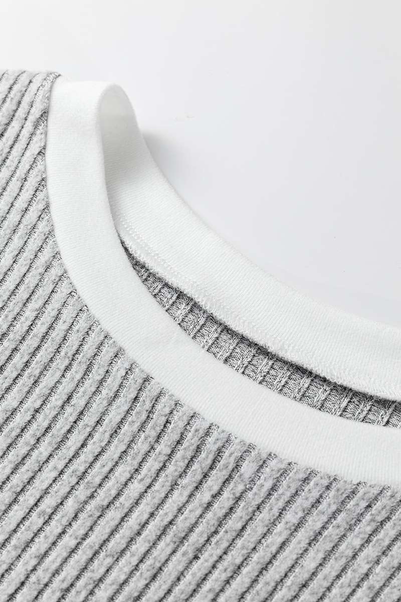Gray Leopard Print Colorblock Patchwork Ribbed Knit Top