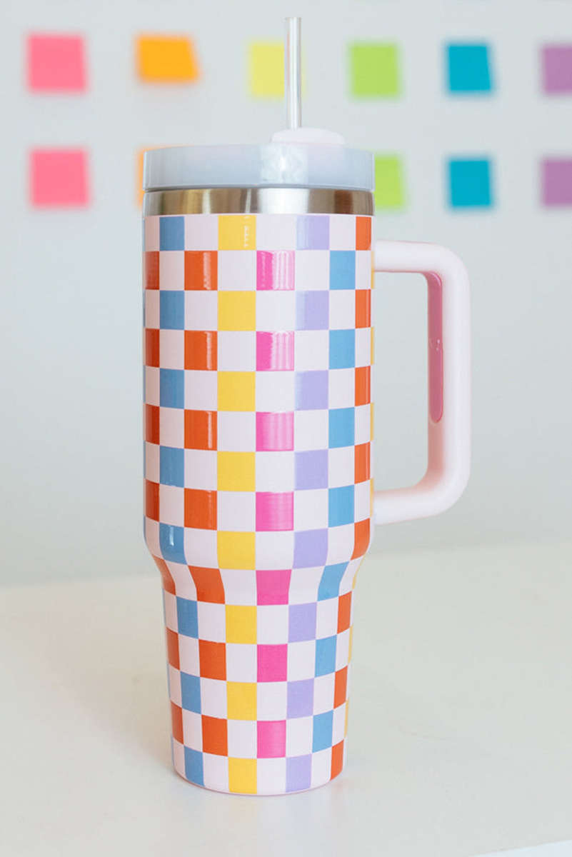 Red Colorful Checkered Print Handle Vacuum Cup 40oz