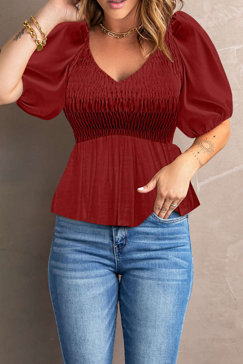 Fiery Red Puff Sleeve Smocked Top