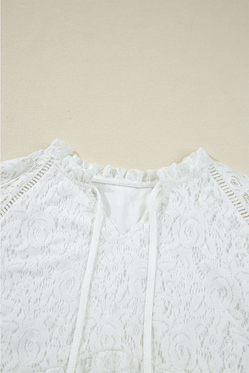 White Tie V Neck Lace Ruffle Detail Long Sleeve Blouse