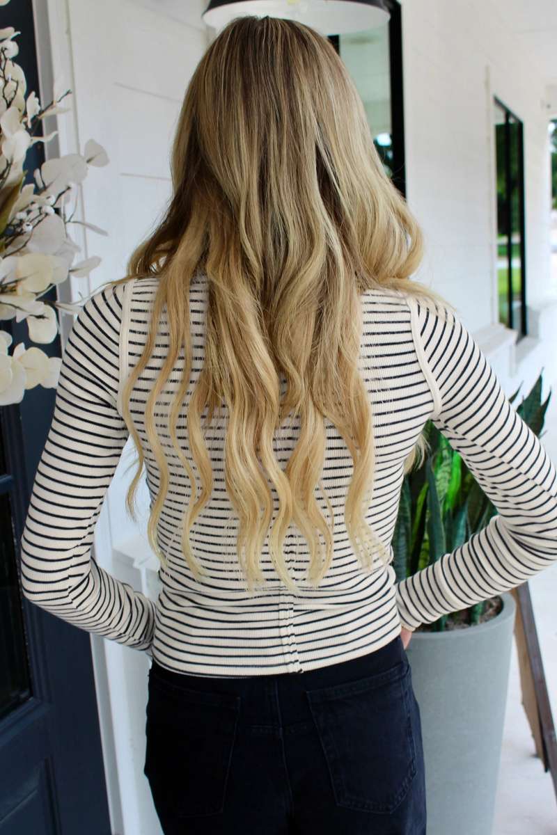 Black Stripe Ribbed Knit Half Button Long Sleeve Slim Top