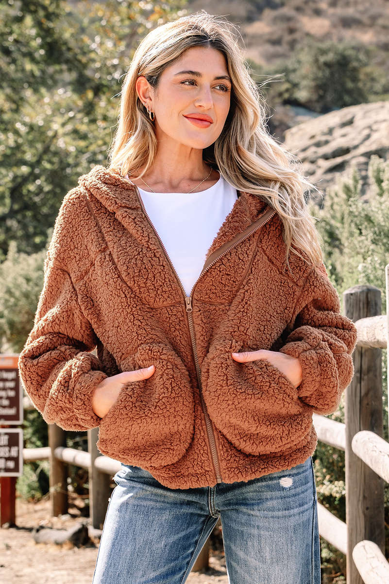 Straw Yellow Zip Up Hooded Sherpa Jacket
