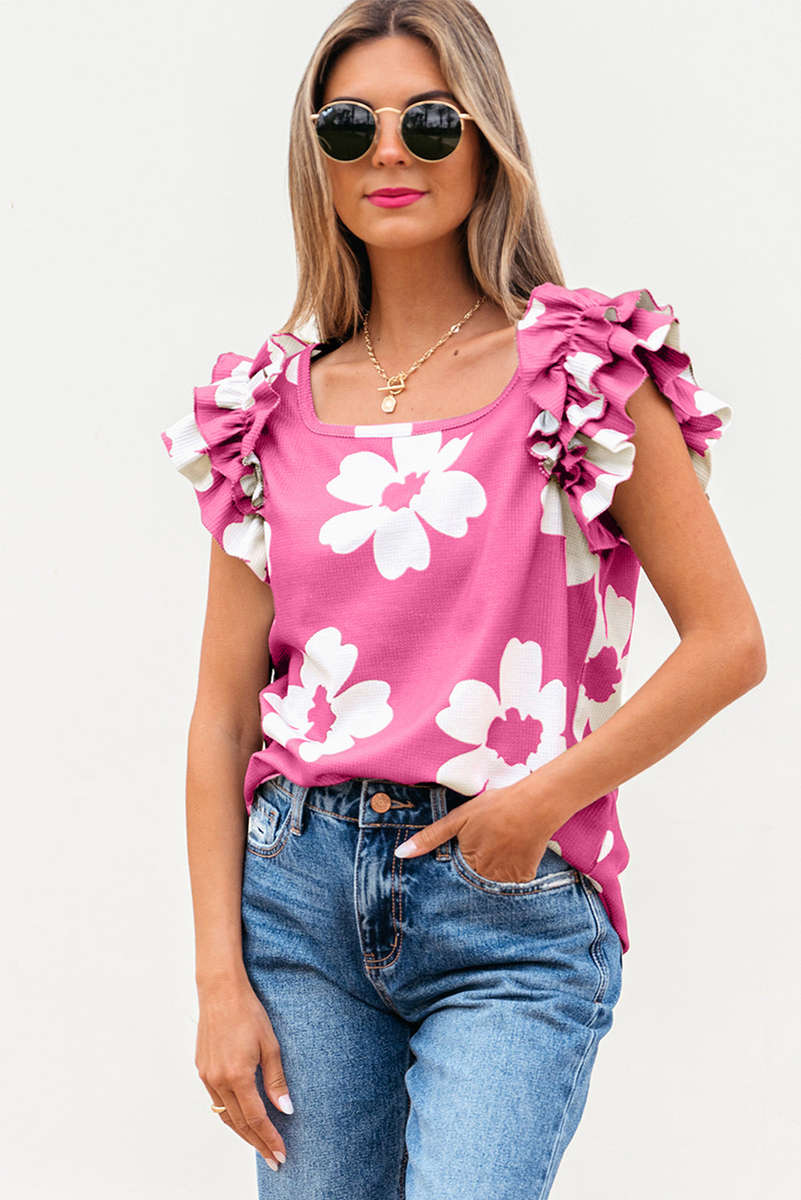 Pink Floral Textured Ruffled Short Sleeve Square Neck Blouse